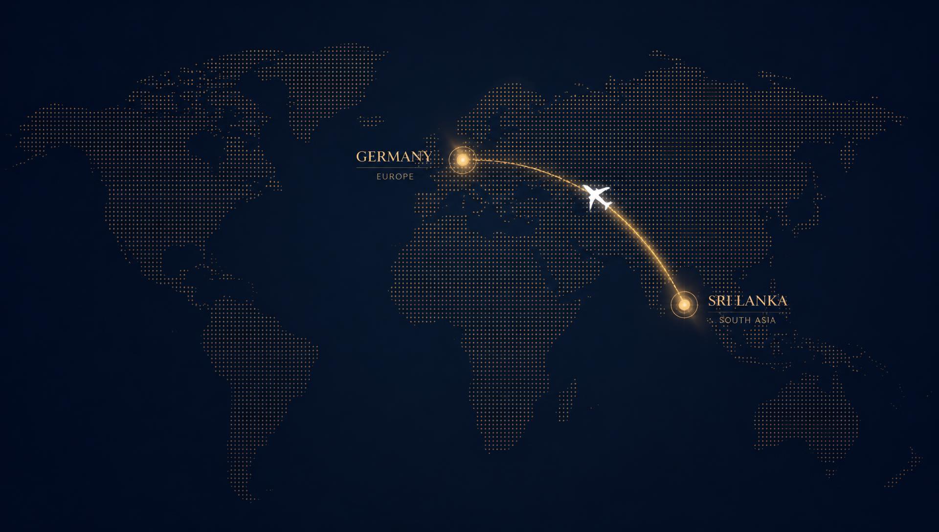 Illustrated flight path from Sri Lanka to Germany on a world map
